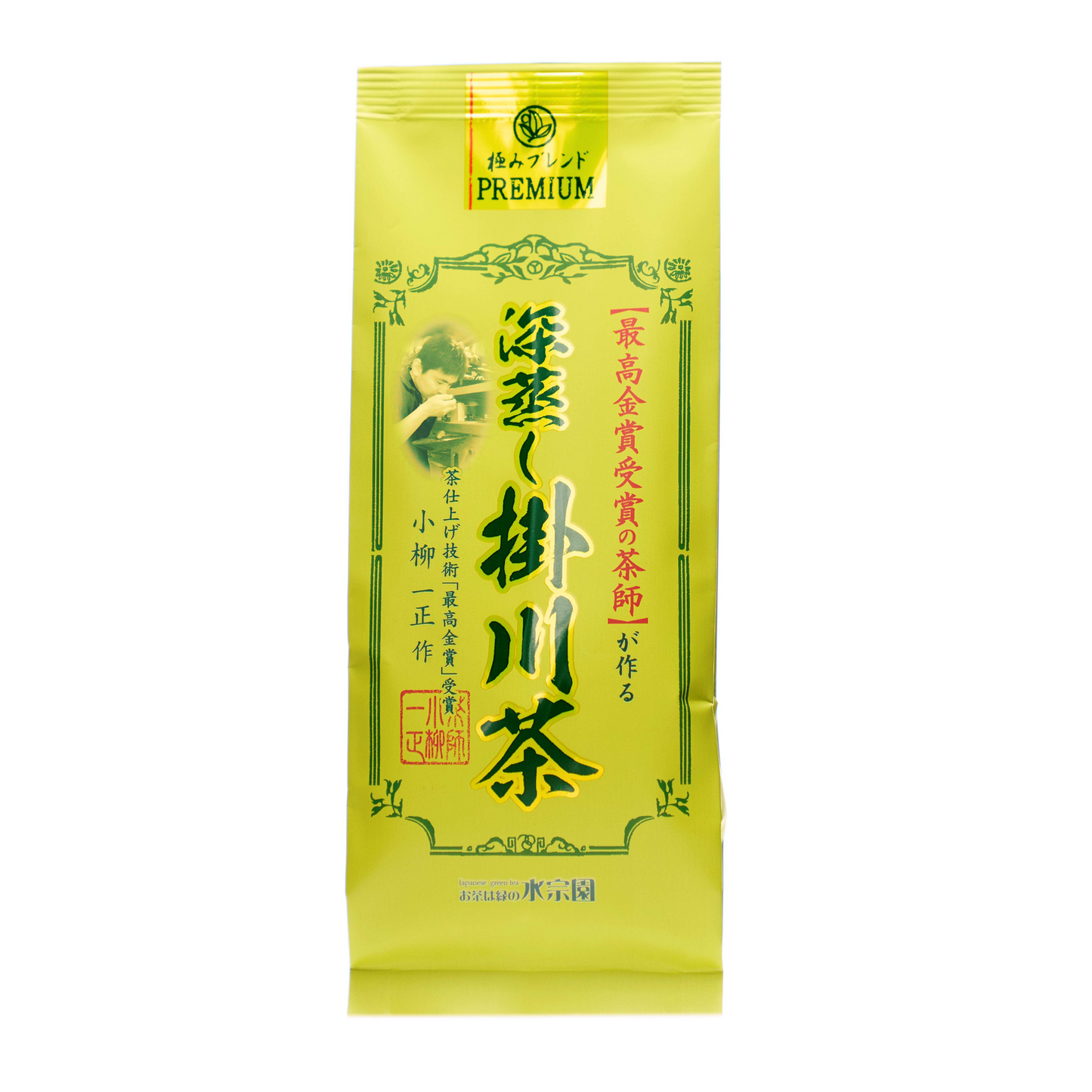 Fukamushi sencha Shizuokast (Kakegawa), sügavaurutatud Jaapani roheline tee – 100 g. Pakend heleroheline ning kiri jaapani keeles.